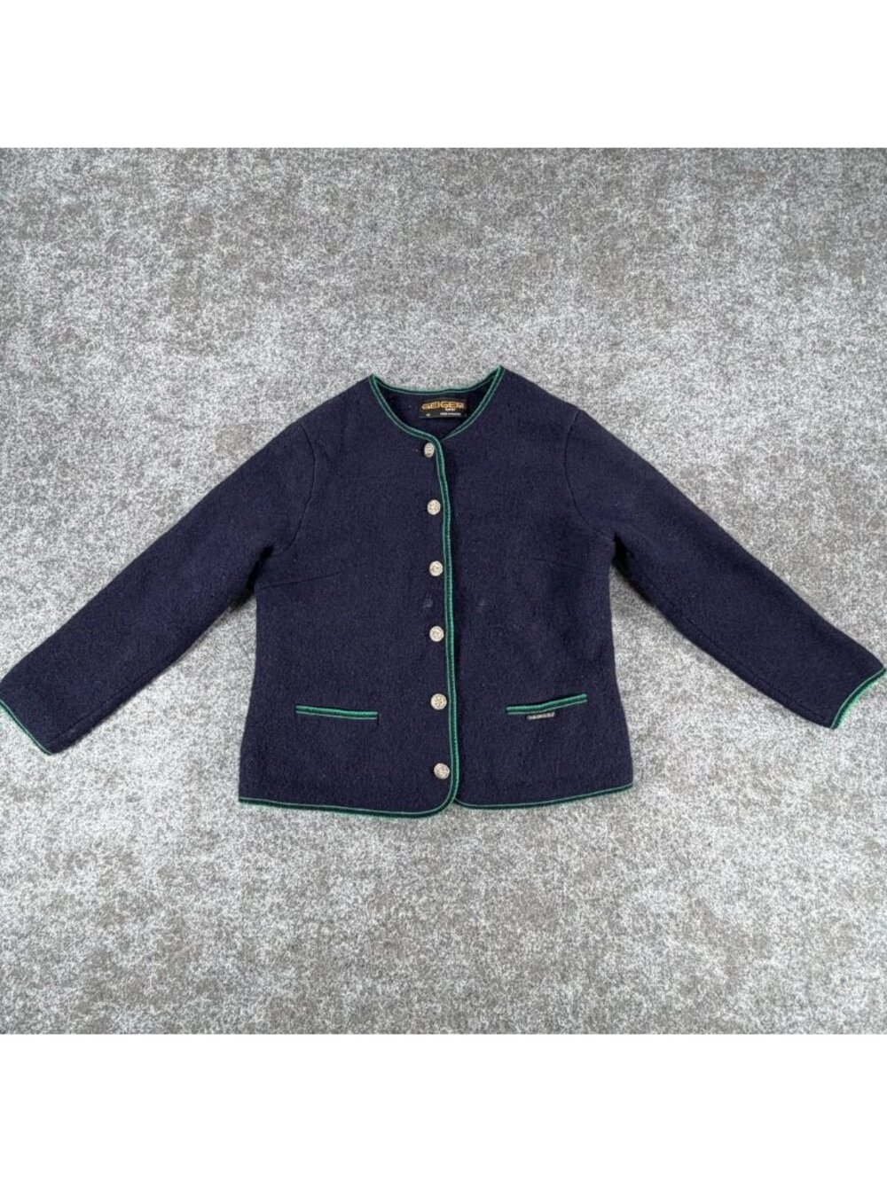 Vintage Geiger Tyrol Boiled Wool Jacket Womens 40‎ Navy Blue Pocket Long Sleeve